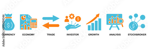 Forex icon set Aqua Orange Flat concept for currency, economy, trade, investor, growth, analysis and stockbroker