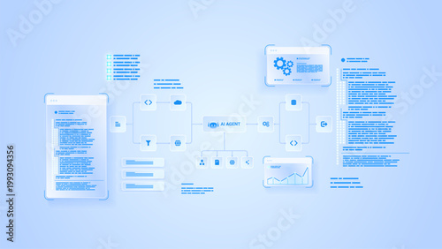 AI workflow automation artificial intelligence. ai agent workflow diagram machine learning showing node input, processing flow panel, coding panel and process flow.