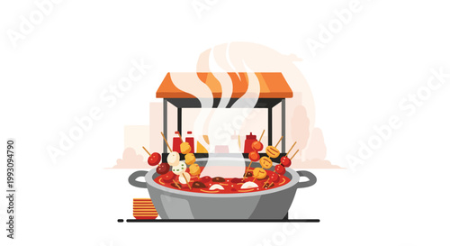 Illustration of a steaming hot pot street food stall with skewers.