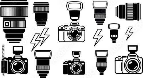 Black and white photography equipment icons lenses cameras flashes and lightning bolts