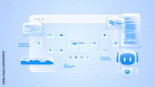 AI workflow automation artificial intelligence. ai agent network diagram dashboard machine learning connecting node input, coding, digital processing flow, data analytics and automation flow system.