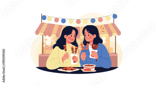 Two young women enjoying delicious street food together.