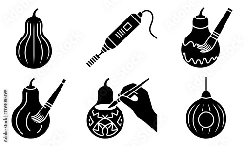 black and white illustrations of gourds and paint brushes used for decorative painting