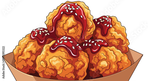 Crispy Golden Fried Chicken Nuggets Topped with Sweet Chili Sauce and Sesame Seeds.