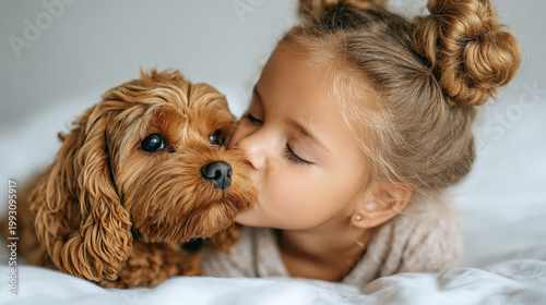 Young girl kissing her cute brown dog on a cozy bed  