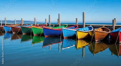 A picturesque scene of a serene lake, surrounded by lush greenery and towering mountains under a clear blue sky.