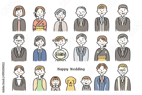 結婚式　新郎新婦と参列者の人物イラストセット①