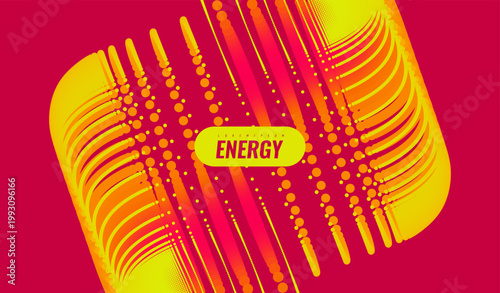 A multitude of dynamic dotted lines create a block shape with a color transition and glow. Pulsating electrical energy in multilayered movement. Industrial style for digital projects. Vector.