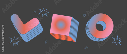 A set of abstract retro volumetric shapes, a collection of retro figures