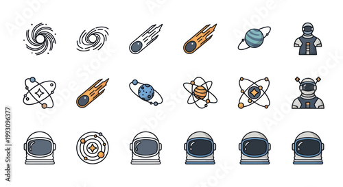 Space icons with astronaut and rockets.