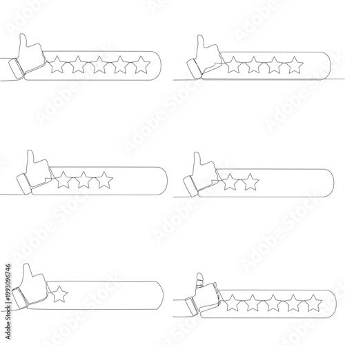 Single line drawing features a human hand and a robot hand giving a thumbs up next to a one star to five star rating review bar. An excellent business evaluation concept designed for a blog post.