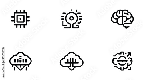 Iconic Technological Landscape: A collection of meticulously crafted icons represents the essence of modern technology and connectivity, including a CPU, camera sensor, brain, cloud computing.
