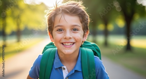 A young boy wearing a blue shirt and green backpack is walking down a tree-lined path on a sunny day.