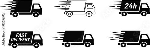 Fast Delivery Truck Icon Set with Express Shipping Van Symbols and Twenty Four Hour Service Vector Illustration Collection Design