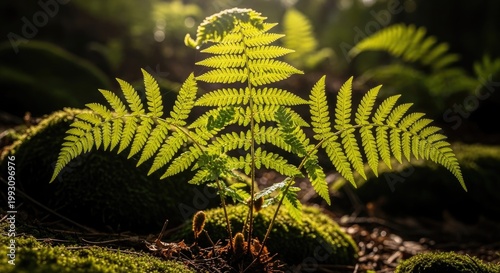 A lush fern plant with delicate fronds, nestled in a bed of moss and soil, surrounded by the soft glow of sunlight filtering through the canopy of trees.