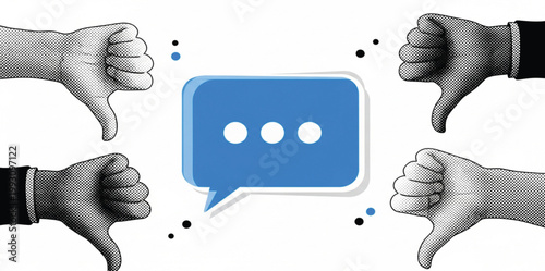Negative Feedback Communication Concept with Thumbs Down Hands Around Chat Bubble Message Icon Pop Art Vector Illustration Design Theme