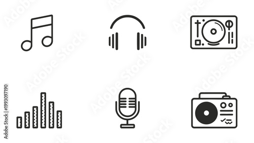 Music Icon Set: A minimalistic collection of music-related icons, each representing a different facet of sound and audio. These simple designs are perfect for adding a touch of rhythm to your project.