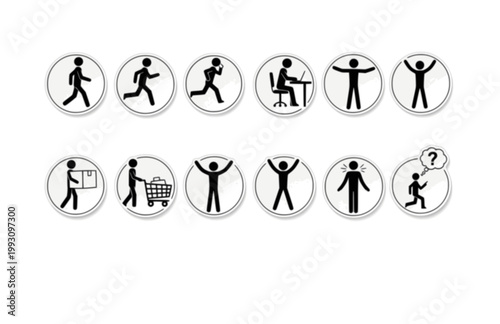 Stick Man Daily Life Figure Sticker Set. Hand Drawn Minimalist Silhouette Poses for Storyboarding.