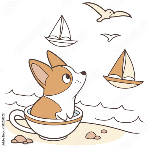 Curious Corgi with in a teacup, set in a charming Beach day theme – Ocean Breeze color vector art