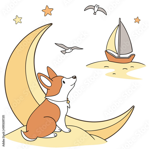 Delightful Dreamy Corgi in a Beach day scene with sitting on a moon – Ocean Breeze vector illustration