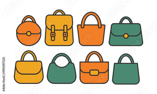 Vector illustration featuring various types of bags including handbags, backpacks, tote bags, and more. Perfect for fashion, accessories, lifestyle, travel, and modern design themes.