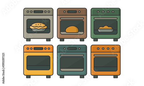 Vector illustration featuring various types of ovens. Perfect for kitchen appliances, cooking, baking, home equipment, and culinary design themes.
