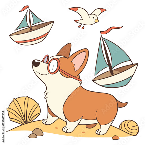 Playful Corgi with wearing glasses, set in a charming Beach day theme – Ocean Breeze color vector art