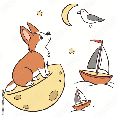 Creative SVG: Playful Corgi with sitting on a moon in a Ocean Breeze colored Beach day theme