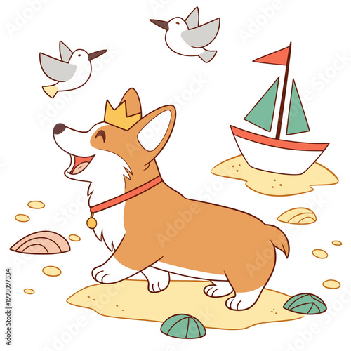 Excited expression on a Corgi in a Beach day theme, with with a tiny crown – Ocean Breeze vector art