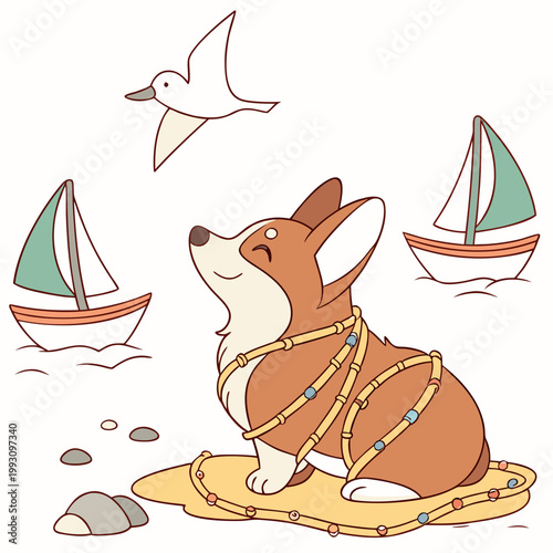 Delightful Peaceful Corgi in a Beach day scene with wrapped in fairy lights – Ocean Breeze vector illustration