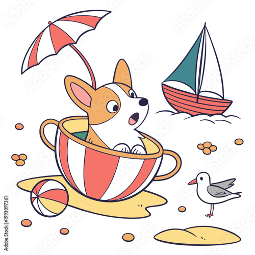 Cute SVG of a Surprised Corgi in Ocean Breeze colors, featuring in a teacup in a Beach day setting