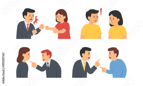 Flat vector illustration of two people arguing and expressing disagreement. Perfect for conflict, communication issues, stress, relationships, and social interaction concepts.