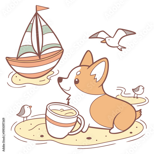 An adorable Corgi with a Relaxed vibe, in a teacup, and a Ocean Breeze Beach day theme – SVG style
