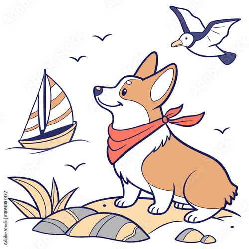 Charming SVG of a Grumpy Corgi featuring with a scarf, styled in a Beach day theme with Ocean Breeze hues