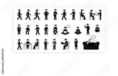 Stick Man Daily Life Figure Sticker Set. Hand Drawn Minimalist Silhouette Poses for Storyboarding.