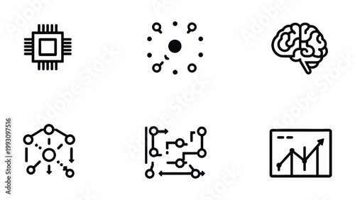 AI and Brain: A suite of minimalist icons representing cutting-edge Artificial Intelligence and the human brain, symbolizing the fusion of technology and cognitive functions.