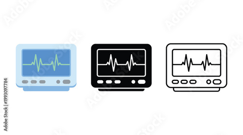 ECG monitor icon set with color filled outline and silhouette styles.