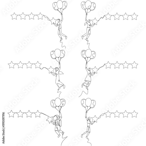 One line drawing displays a man, woman, Arab, astronaut, and robot flying high with halogen balloons to place a star. A wonderful success concept ideal for an inspiring corporate poster design.