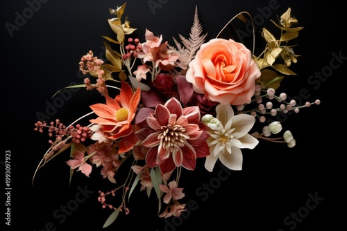 Beautiful blooming flowers forming a luxurious bouquet with dahlia and rose petals
