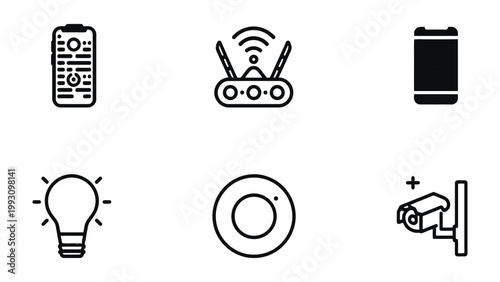 Smart Home Icons: A collection of sleek, modern icons representing essential elements of a smart home, from remote control and router to security camera.