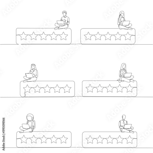 Continuous line drawing portrays a man, woman, Arab, astronaut, and robot using laptops while sitting on a giant five star rating bar. A smart internet concept perfect for a blog web page.