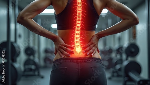 Woman holds lower back in gym with painful glowing spine overlay. Shows sport injury, muscle tension, and inflammation. Healthcare concept for back problems, pain relief, fitness.