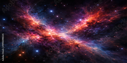 A celestial abstract space background featuring a luminous galaxy nebula and shimmering stars across the vast night sky universe of infinity and cosmic mystery