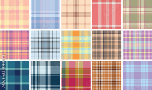 Bold plaid collection optimized for merchandise graphics. The pack supports apparel, accessories, and promotional items. Vector artwork handles large formats.