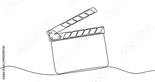 Illustration of an open movie clapperboard, made in one continuous line. Minimalist cinema production and filmmaking equipment drawing with a black stroke