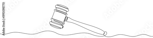 Illustration of a judge's wooden gavel, made in one continuous line. Minimalist legal authority and justice system icon drawing with a black stroke