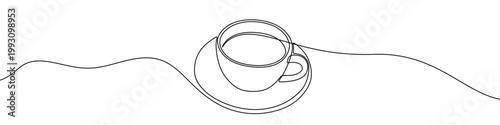 Illustration of a coffee cup and saucer, made in one continuous line. Minimalistic drawing of a hot drink and tableware in the style of one line art. Vector illustration.