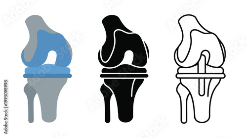Human knee replacement surgery icons showing joint anatomy and prosthetic implant designs.