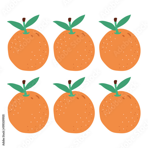 Whole orange citrus fruit icons with green leaves