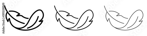 Set of three minimalist feather icons with different stroke weights. Linear illustrations symbolizing lightness, softness, and delicacy. Vector illustration.